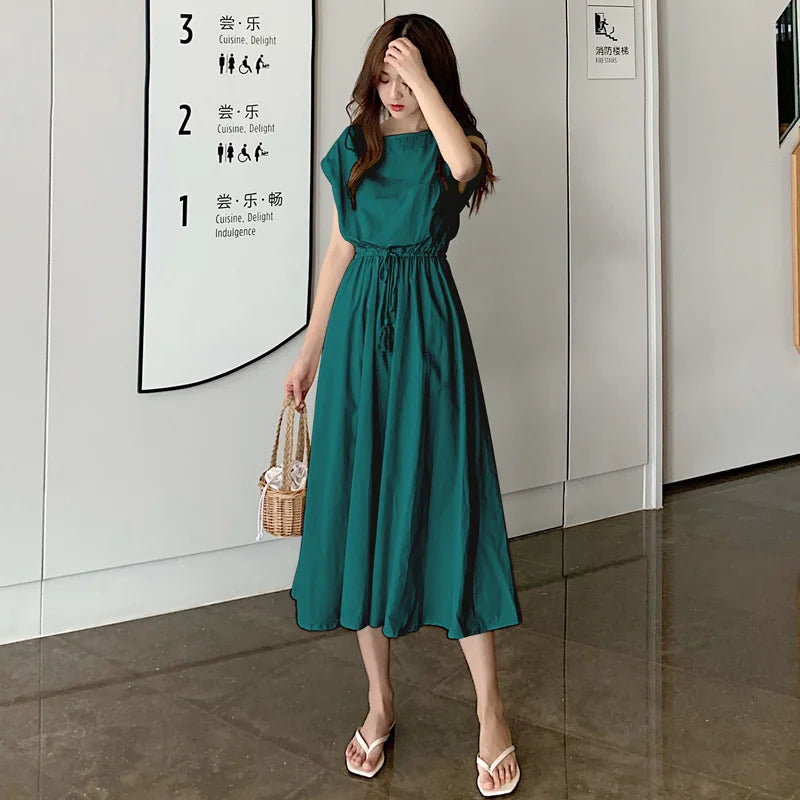 New Summer Women's Cotton Linen Dresses Fashion Artistic Solid O-neck Lace-up Dress Loose Stretch Waist Elegant Long Skirt Femme