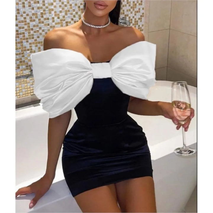 Fresh And Sweet Dress Dresses 2025 Woman Vestido Bowknot Piglet Breast Off Shoulder Contrast Bodycon fashion Banquet Temperament