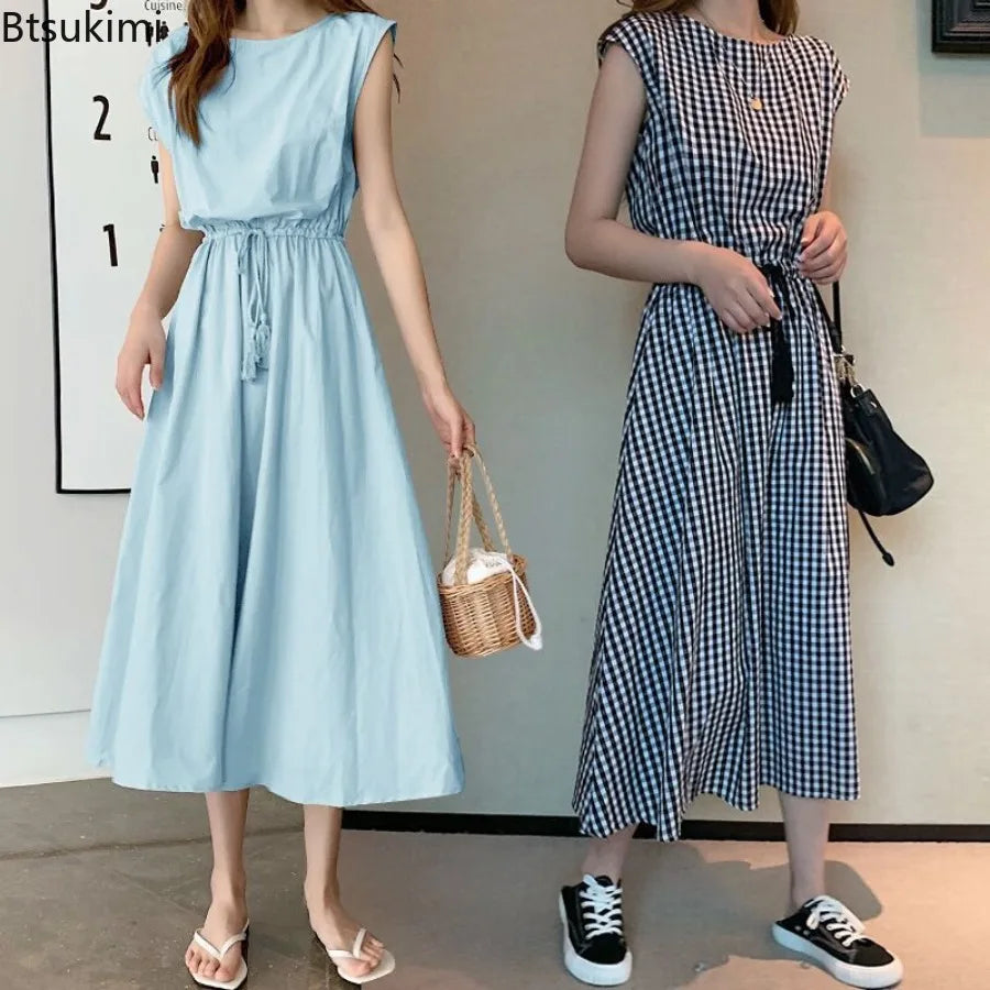 New Summer Women's Cotton Linen Dresses Fashion Artistic Solid O-neck Lace-up Dress Loose Stretch Waist Elegant Long Skirt Femme