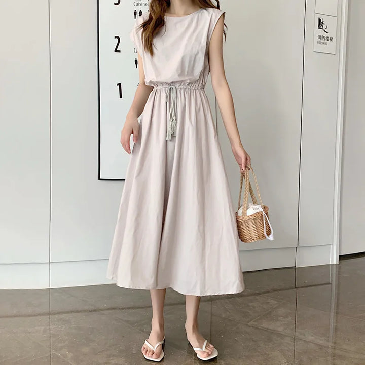 New Summer Women's Cotton Linen Dresses Fashion Artistic Solid O-neck Lace-up Dress Loose Stretch Waist Elegant Long Skirt Femme