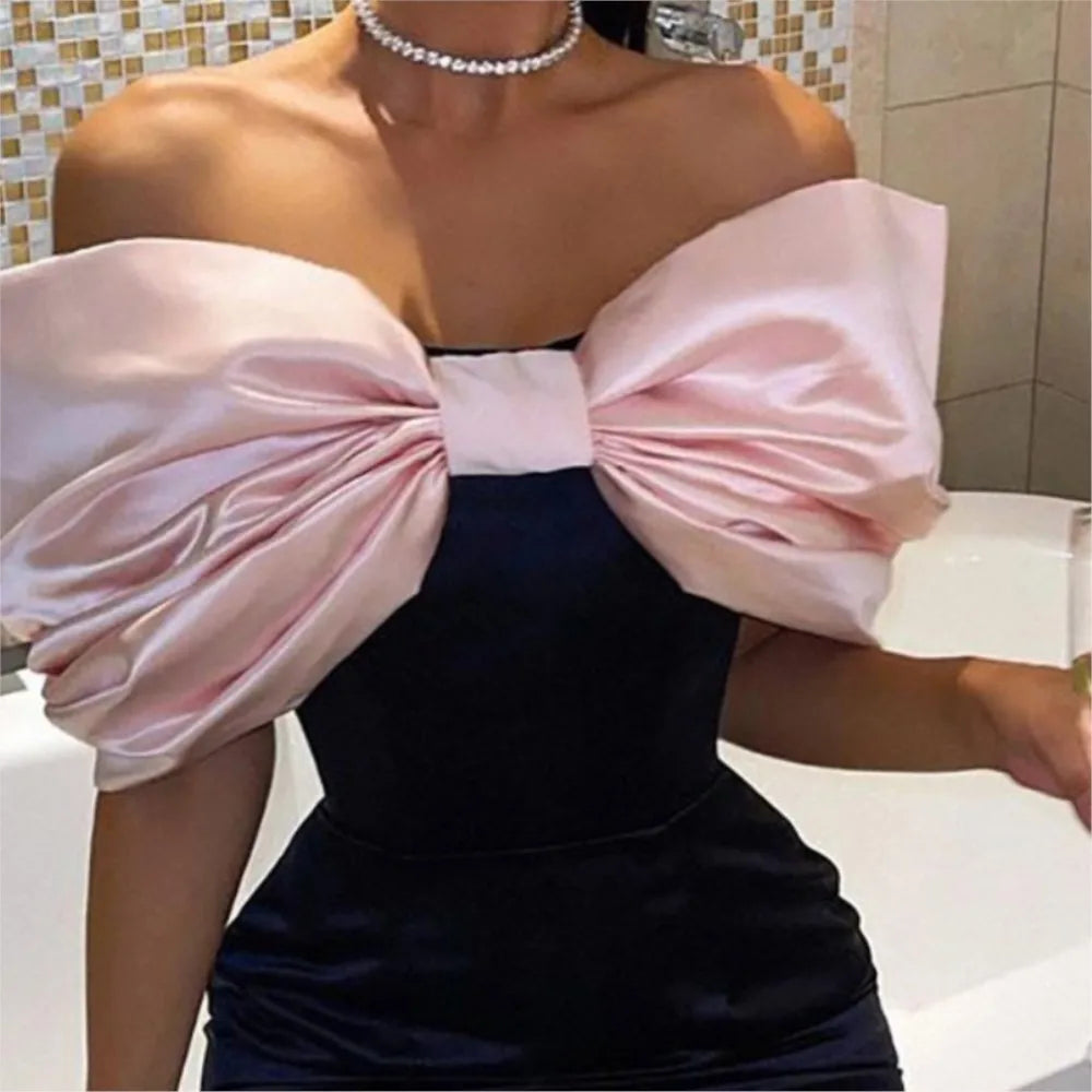 Fresh And Sweet Dress Dresses 2025 Woman Vestido Bowknot Piglet Breast Off Shoulder Contrast Bodycon fashion Banquet Temperament