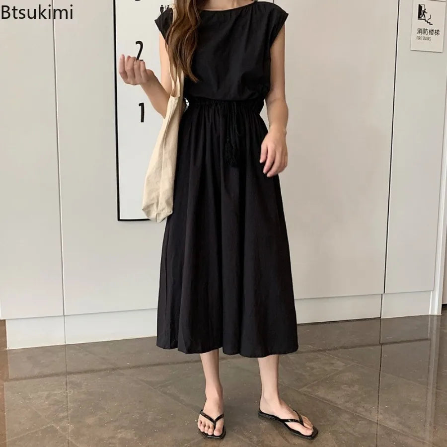 New Summer Women's Cotton Linen Dresses Fashion Artistic Solid O-neck Lace-up Dress Loose Stretch Waist Elegant Long Skirt Femme