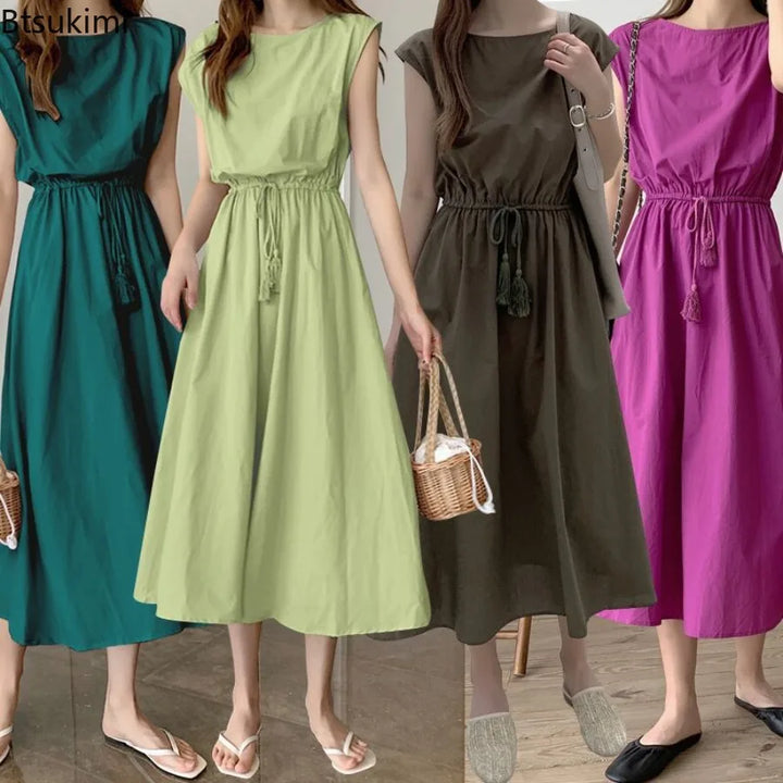 New Summer Women's Cotton Linen Dresses Fashion Artistic Solid O-neck Lace-up Dress Loose Stretch Waist Elegant Long Skirt Femme