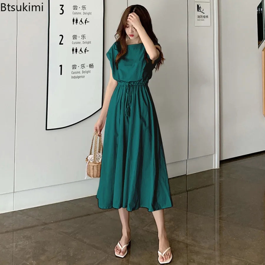 New Summer Women's Cotton Linen Dresses Fashion Artistic Solid O-neck Lace-up Dress Loose Stretch Waist Elegant Long Skirt Femme