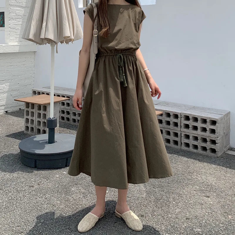 New Summer Women's Cotton Linen Dresses Fashion Artistic Solid O-neck Lace-up Dress Loose Stretch Waist Elegant Long Skirt Femme