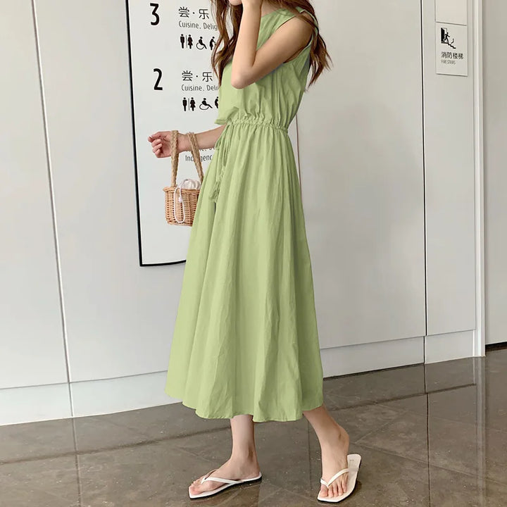 New Summer Women's Cotton Linen Dresses Fashion Artistic Solid O-neck Lace-up Dress Loose Stretch Waist Elegant Long Skirt Femme