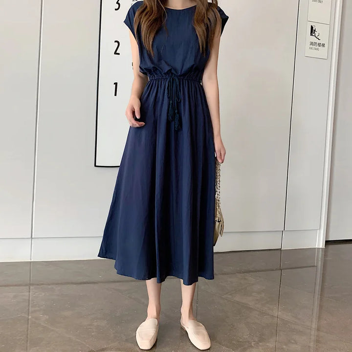 New Summer Women's Cotton Linen Dresses Fashion Artistic Solid O-neck Lace-up Dress Loose Stretch Waist Elegant Long Skirt Femme