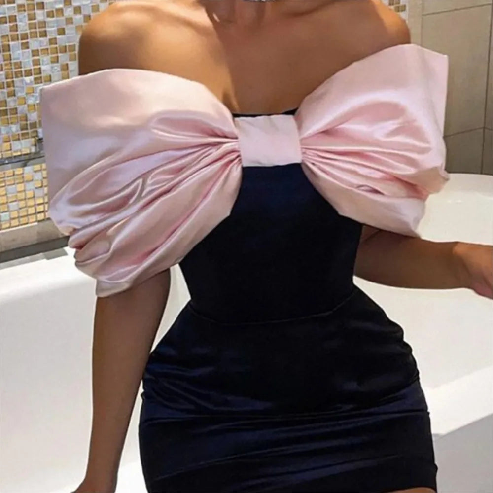 Fresh And Sweet Dress Dresses 2025 Woman Vestido Bowknot Piglet Breast Off Shoulder Contrast Bodycon fashion Banquet Temperament