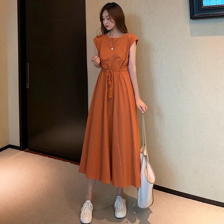 New Summer Women's Cotton Linen Dresses Fashion Artistic Solid O-neck Lace-up Dress Loose Stretch Waist Elegant Long Skirt Femme