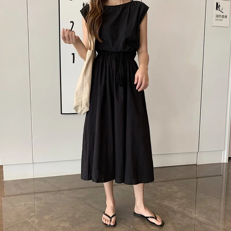 New Summer Women's Cotton Linen Dresses Fashion Artistic Solid O-neck Lace-up Dress Loose Stretch Waist Elegant Long Skirt Femme