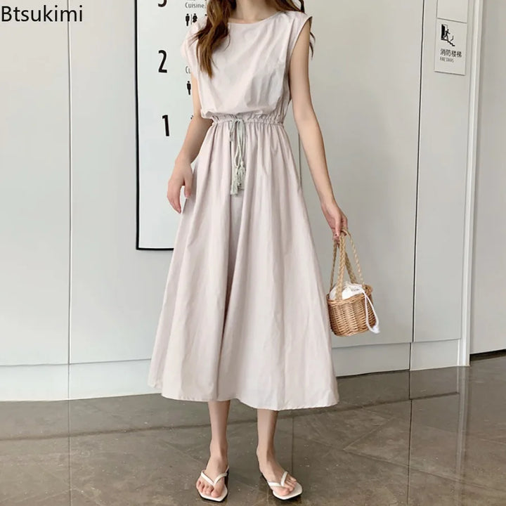 New Summer Women's Cotton Linen Dresses Fashion Artistic Solid O-neck Lace-up Dress Loose Stretch Waist Elegant Long Skirt Femme