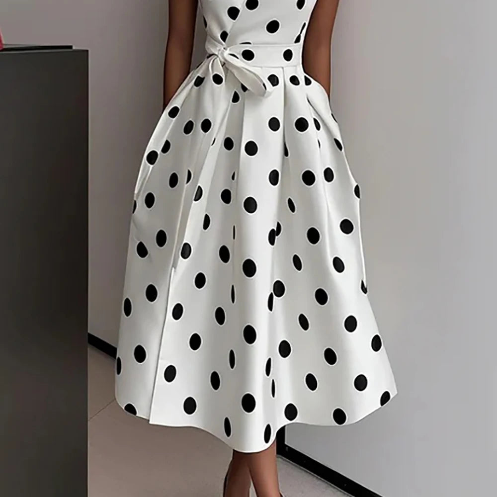 Elegant Polka Dot Printed Midi Dress For Women Vintage Sleeveless With Belt Formal Office Ladies Wedding Party Fashion Dresses
