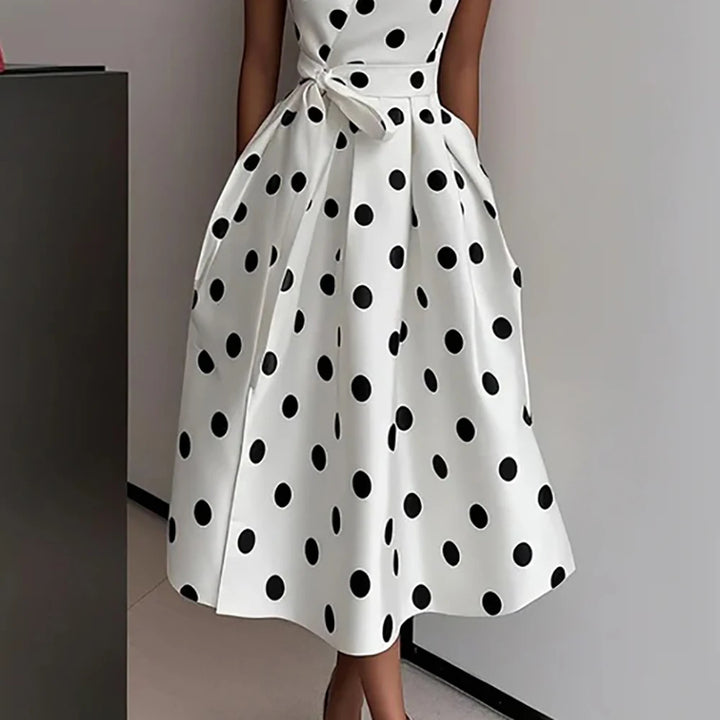 Elegant Polka Dot Printed Midi Dress For Women Vintage Sleeveless With Belt Formal Office Ladies Wedding Party Fashion Dresses