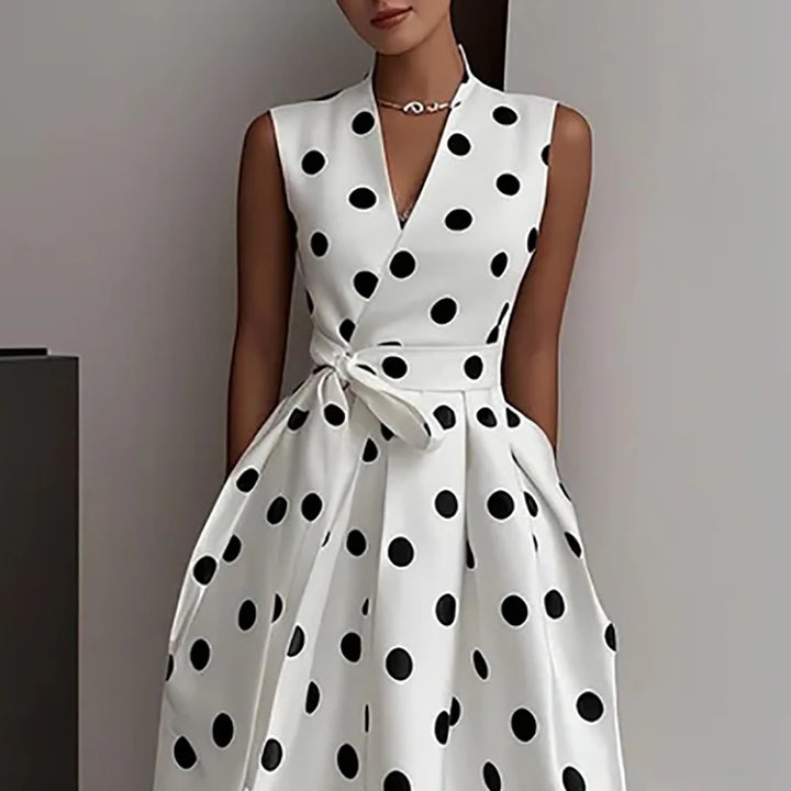 Elegant Polka Dot Printed Midi Dress For Women Vintage Sleeveless With Belt Formal Office Ladies Wedding Party Fashion Dresses