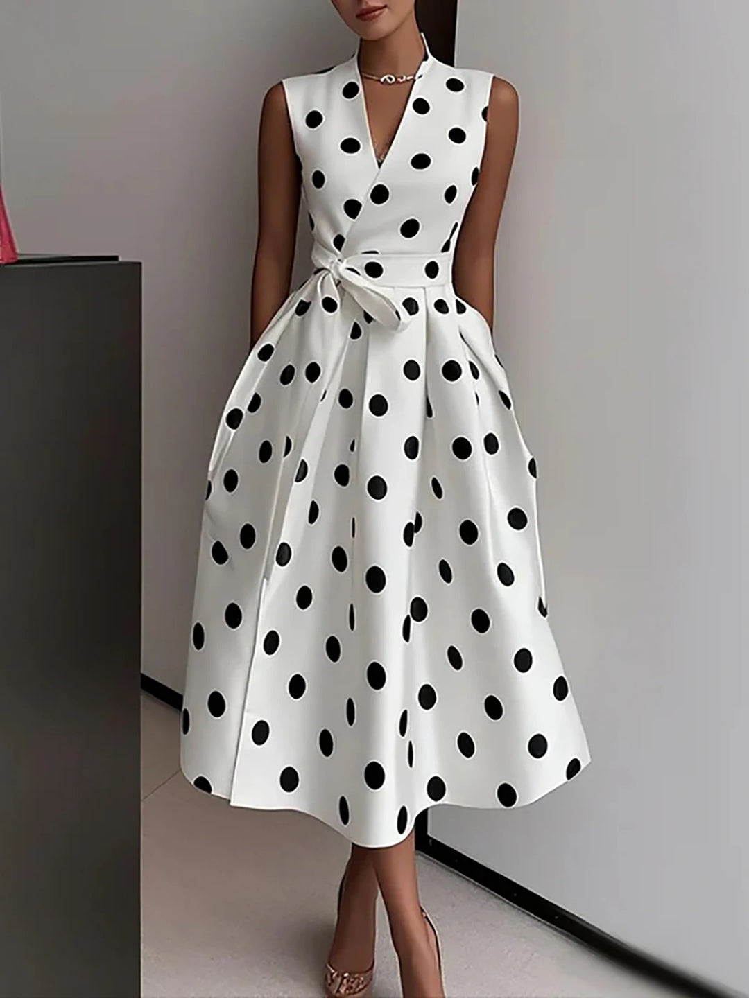 Elegant Polka Dot Printed Midi Dress For Women Vintage Sleeveless With Belt Formal Office Ladies Wedding Party Fashion Dresses