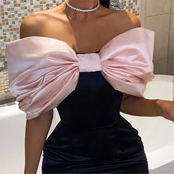 Fresh And Sweet Dress Dresses 2025 Woman Vestido Bowknot Piglet Breast Off Shoulder Contrast Bodycon fashion Banquet Temperament