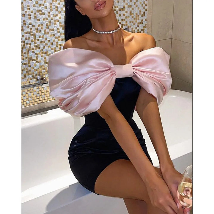 Fresh And Sweet Dress Dresses 2025 Woman Vestido Bowknot Piglet Breast Off Shoulder Contrast Bodycon fashion Banquet Temperament