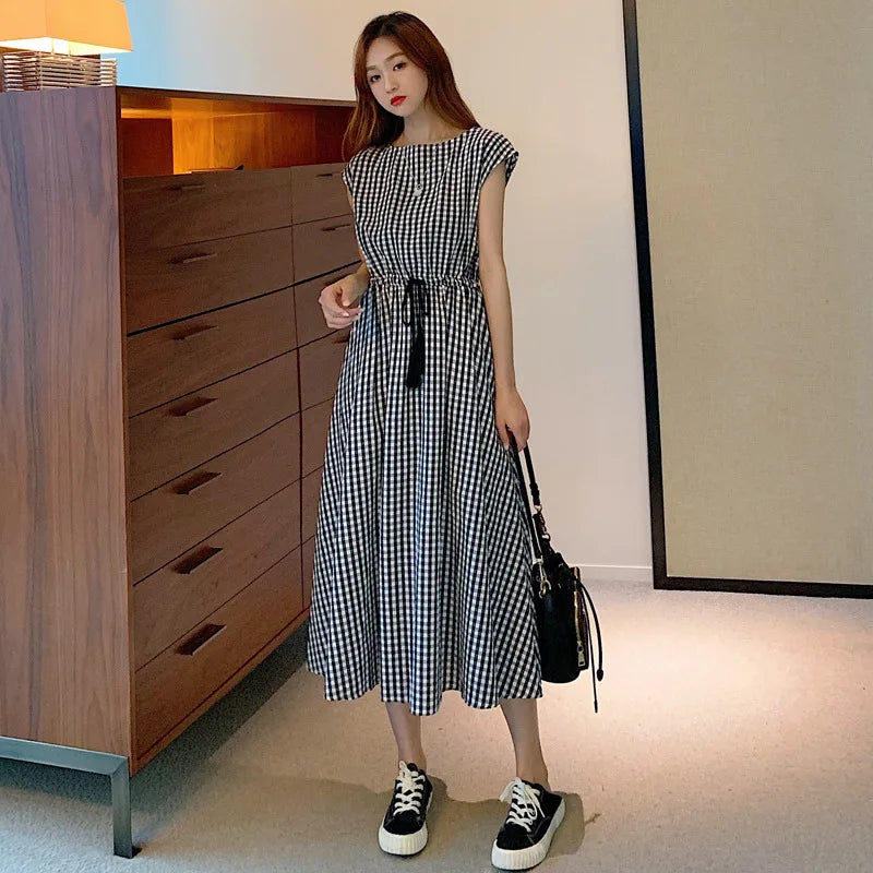 New Summer Women's Cotton Linen Dresses Fashion Artistic Solid O-neck Lace-up Dress Loose Stretch Waist Elegant Long Skirt Femme