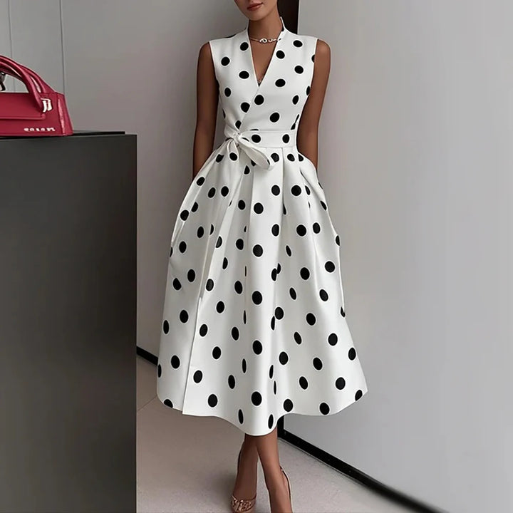 Elegant Polka Dot Printed Midi Dress For Women Vintage Sleeveless With Belt Formal Office Ladies Wedding Party Fashion Dresses