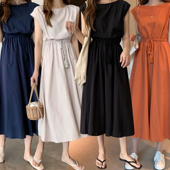 New Summer Women's Cotton Linen Dresses Fashion Artistic Solid O-neck Lace-up Dress Loose Stretch Waist Elegant Long Skirt Femme